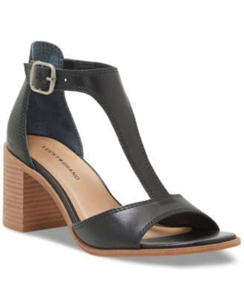 Lucky Brand Sabeni Black Leather Boho Buckle Block Heel Sandals Women's Size 8